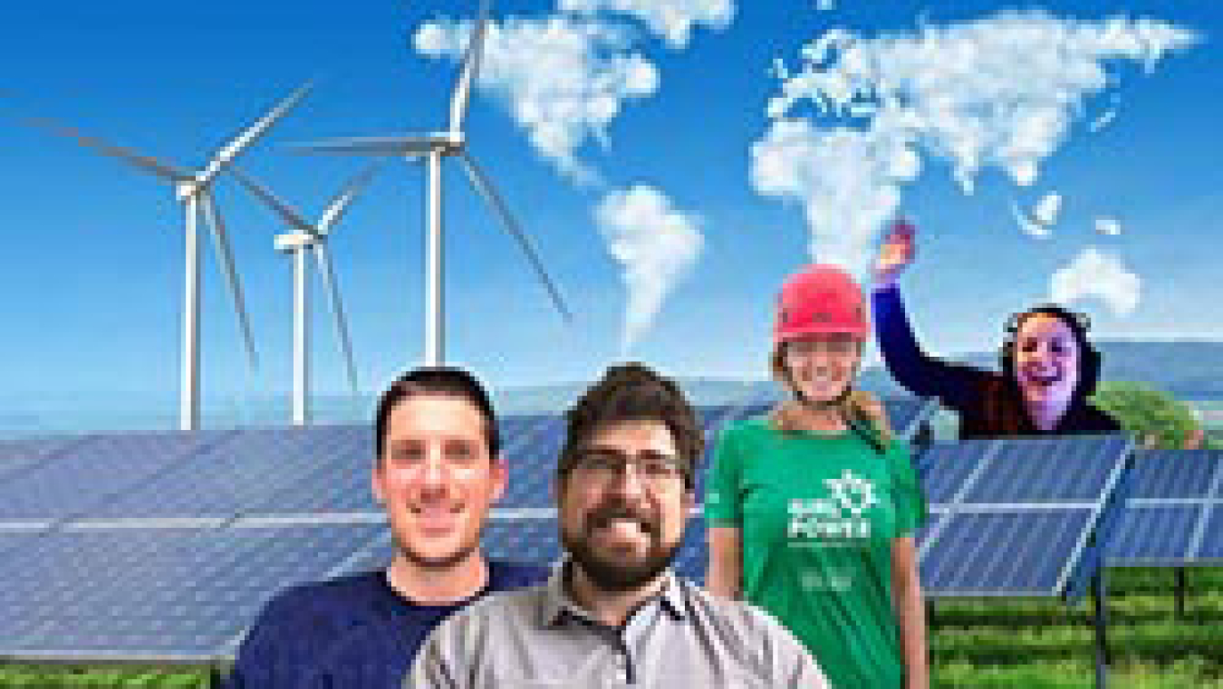 Four people photoshopped in front of solar panels.