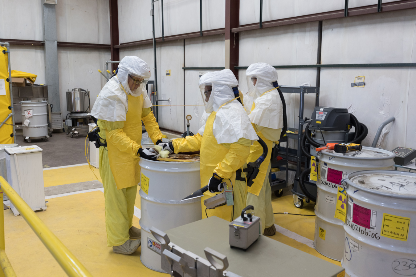 As part of a new processing line at Los Alamos National Laboratory’s Technical Area 54, low-level waste is processed and repackaged in drums for disposal.