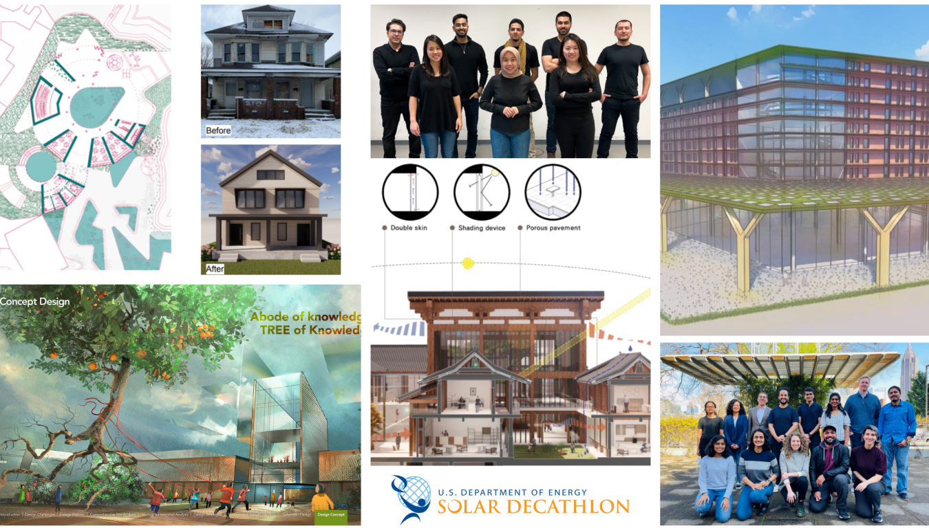 Renderings and team photos from several Solar Decathlon 2022 Design Challenge finalist teams. Graphic by NREL