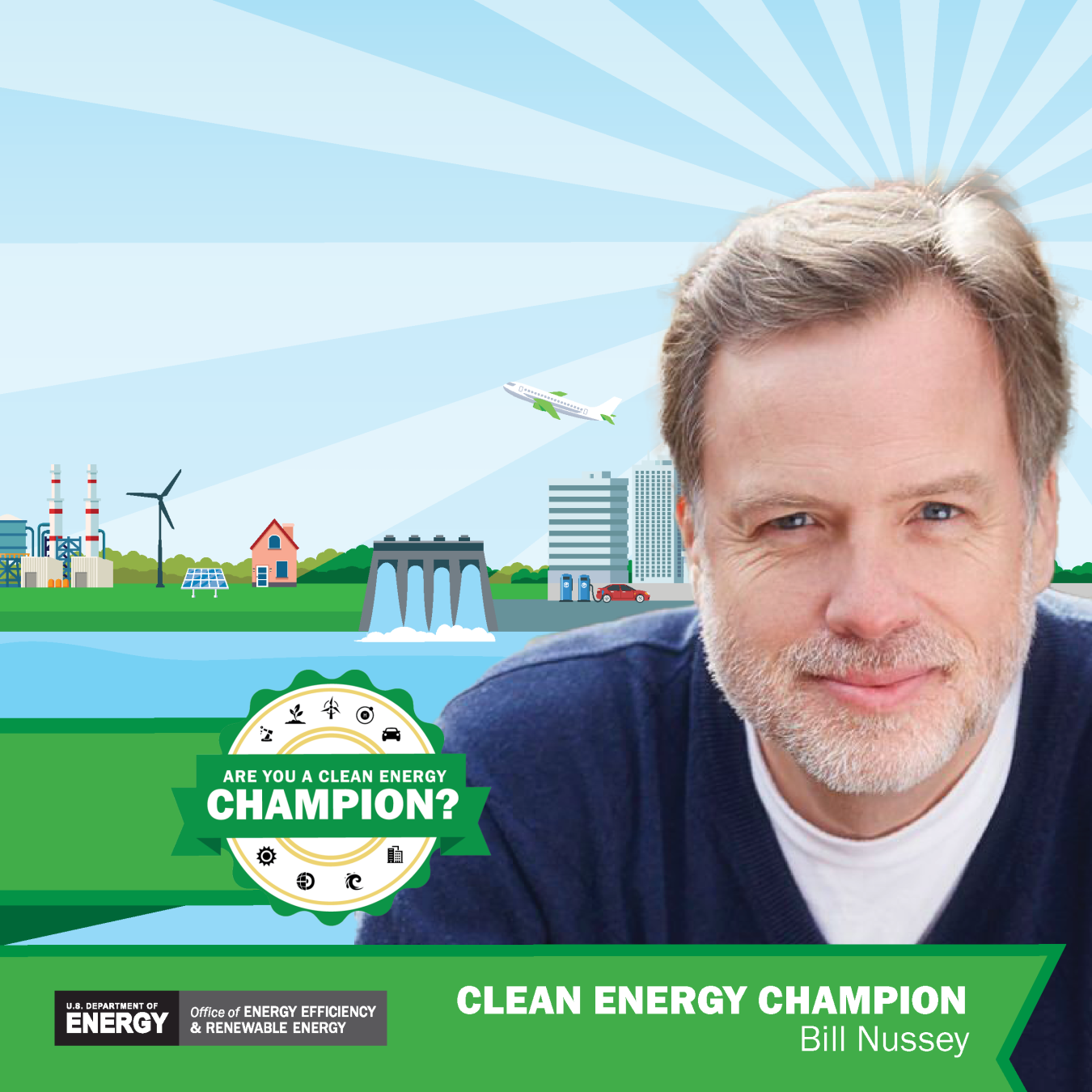 Clean Energy Champion banner featuring Bill Nussey.