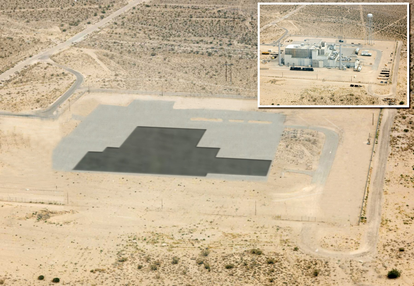 The Engine Maintenance, Assembly, and Disassembly complex, where nuclear propulsion rocket development and testing programs were once conducted at the Nevada National Security Site, is being prepared for demolition. The larger photo is a rendering of the area upon the completion of demolition.