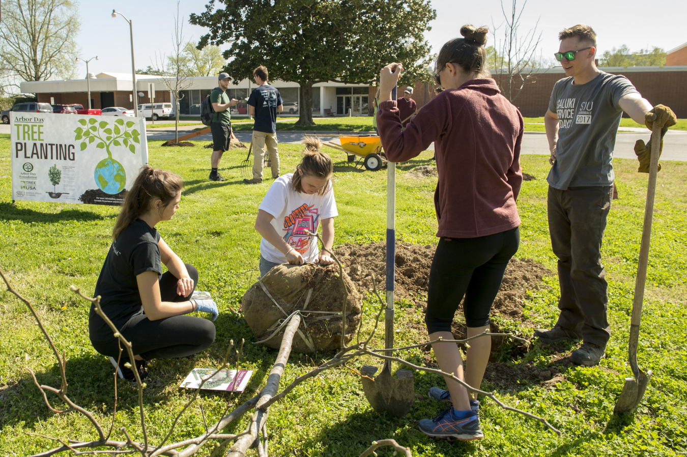 A photo of the community of Jackson County, IL planting a tree.