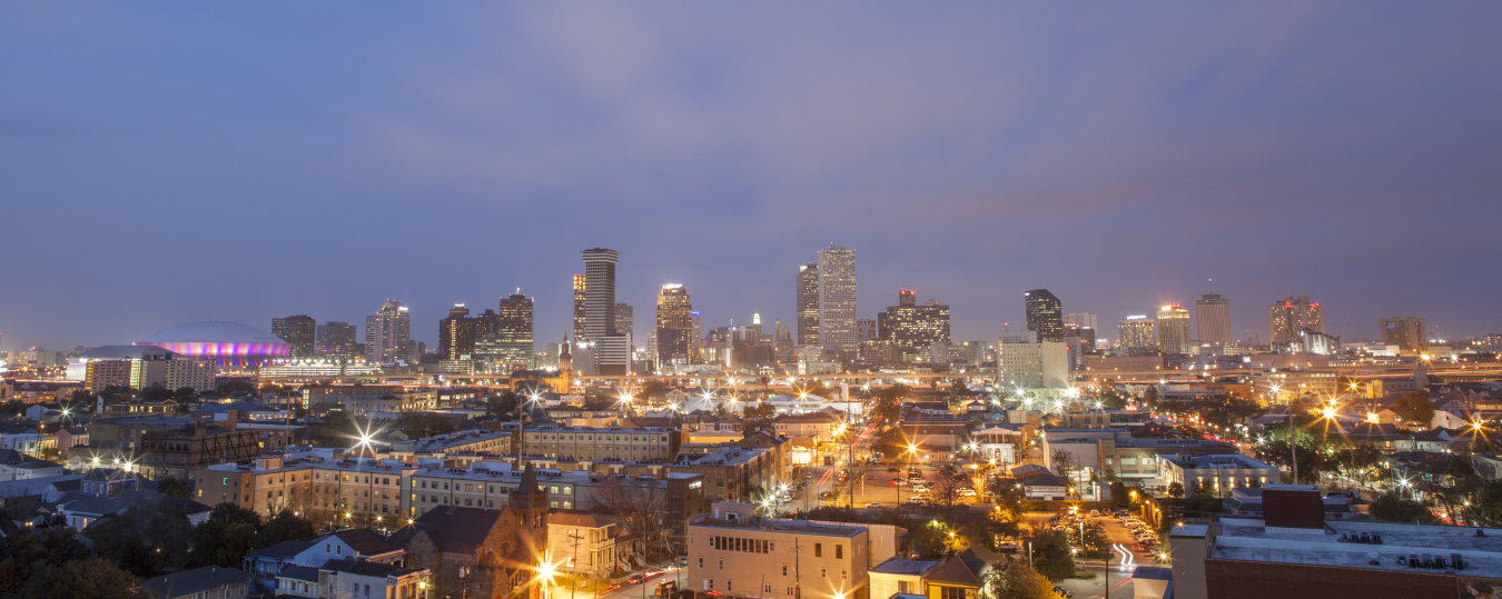 a photo of downtown New Orleans, LA at night