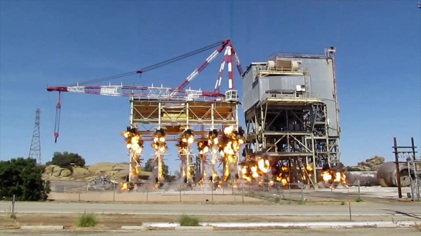ETEC’s Sodium Pump Test Facility, the final building for demolition, amid blasts from shaped charges.