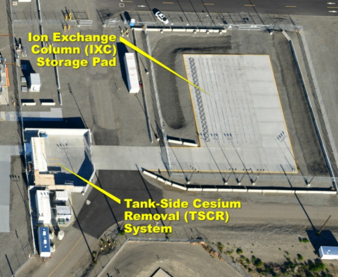 The Tank-Side Cesium Removal (TSCR) System is located next to an underground tank farm in the 200 East Area of the Hanford Site. The ion exchange column storage pad is adjacent to the system. The site has taken a significant step in completing treatment of the first batch of tank waste through the TSCR System.