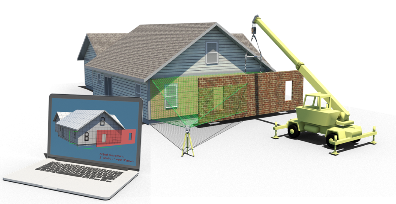 Diagram of a house with a crane in front, and a laptop in foreground shows the image of the house on its screen.