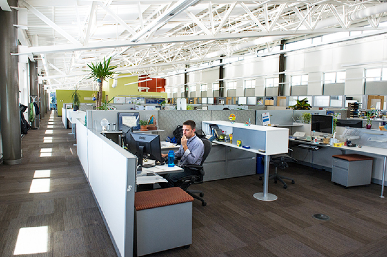 The interior of an office building, with a large office space of cubicles, including one man working at his desk in the foreground.