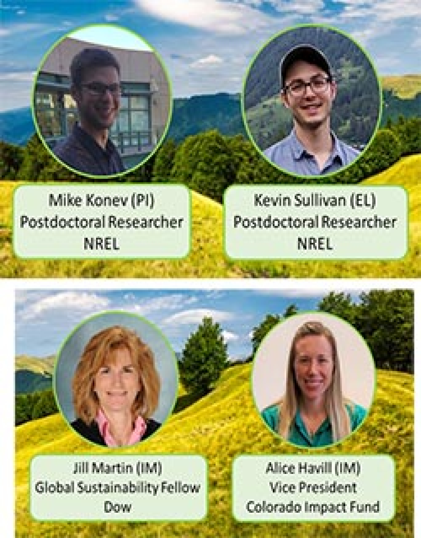 Two men's headshots and two women's headshots added over an image of a yellow field.