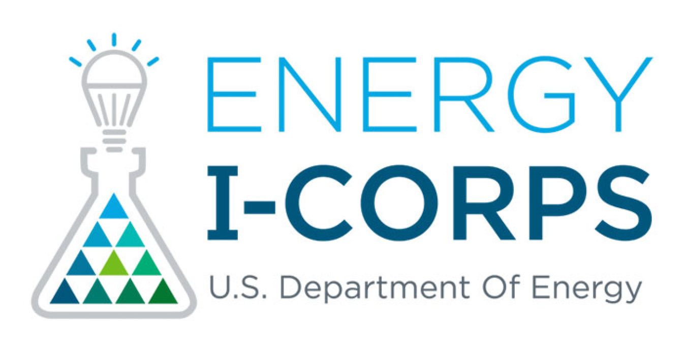 Energy I-Corps logo shows a beaker filled with light blue and green and dark blue and green upward facing triangles. The beaker is topped with a light bulb.