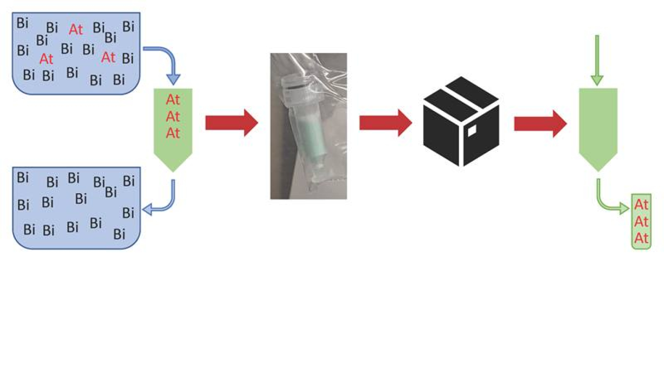 The medical radioisotope astatine is separated from bismuth then loaded into a resin column. Once dry, the column is packed for shipping so the astatine can be sent for use at a cancer treatment center.