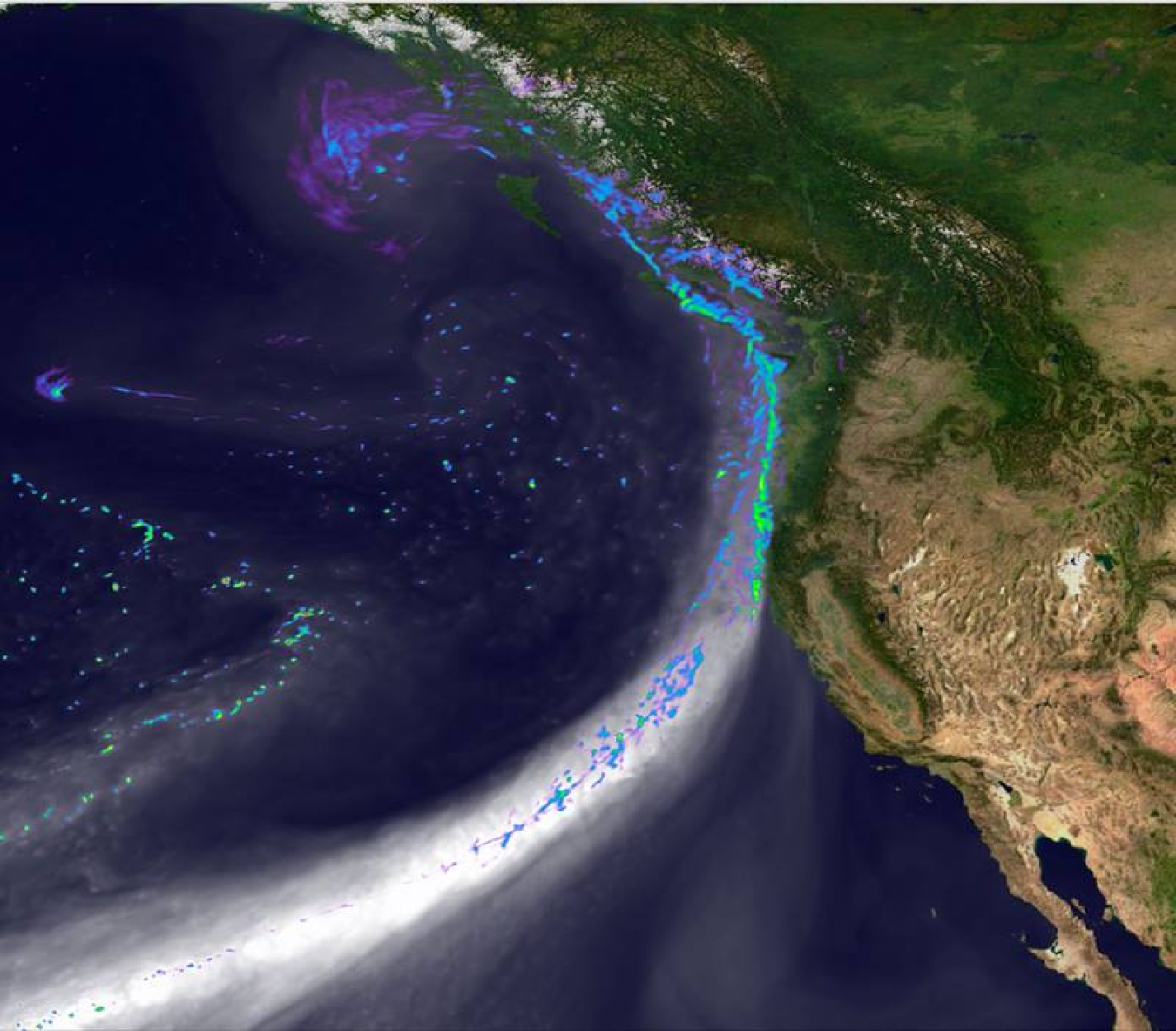Snapshot of the simulated landfall of an atmospheric river along the west coast of North America on February 11, 2020. Grey tones depict water vapor. Colors indicate precipitation intensity from blue (light rain) to green (very strong precipitation).