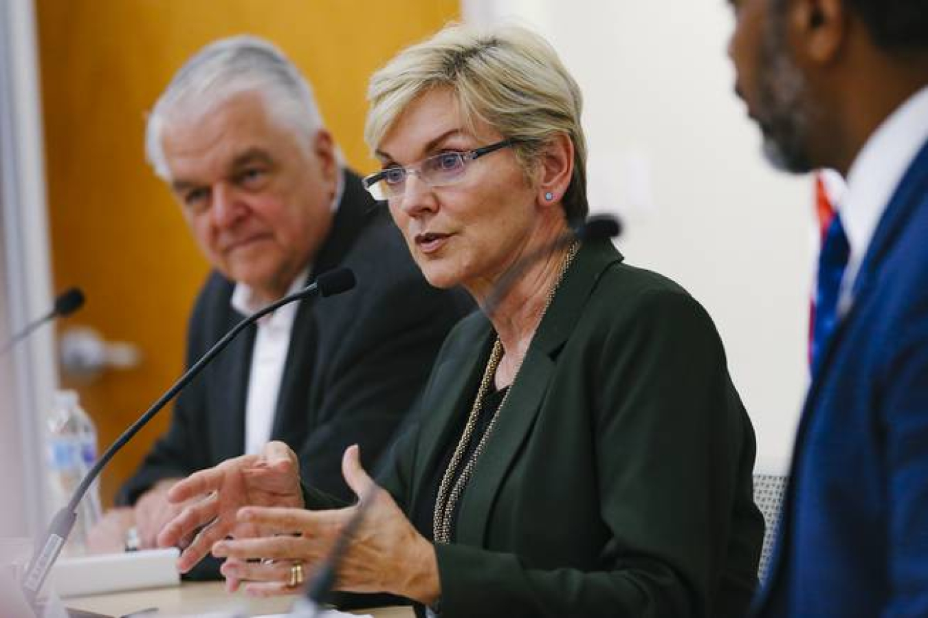 From left, Governor Steve Sisolak, US Secretary of Energy Jennifer Granholm and Representative Steven Horsford (NV-04) attend the Clean Energy Jobs & Justice Forum at North Las Vegas City Hall Thursday, June 10, 2021.