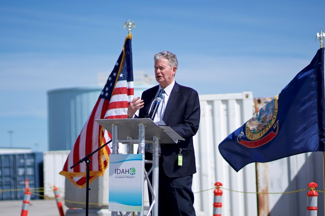 Idaho Gov. Brad Little thanks employees for completing a targeted buried waste exhumation project during a celebration last week at the DOE Idaho National Laboratory Site.