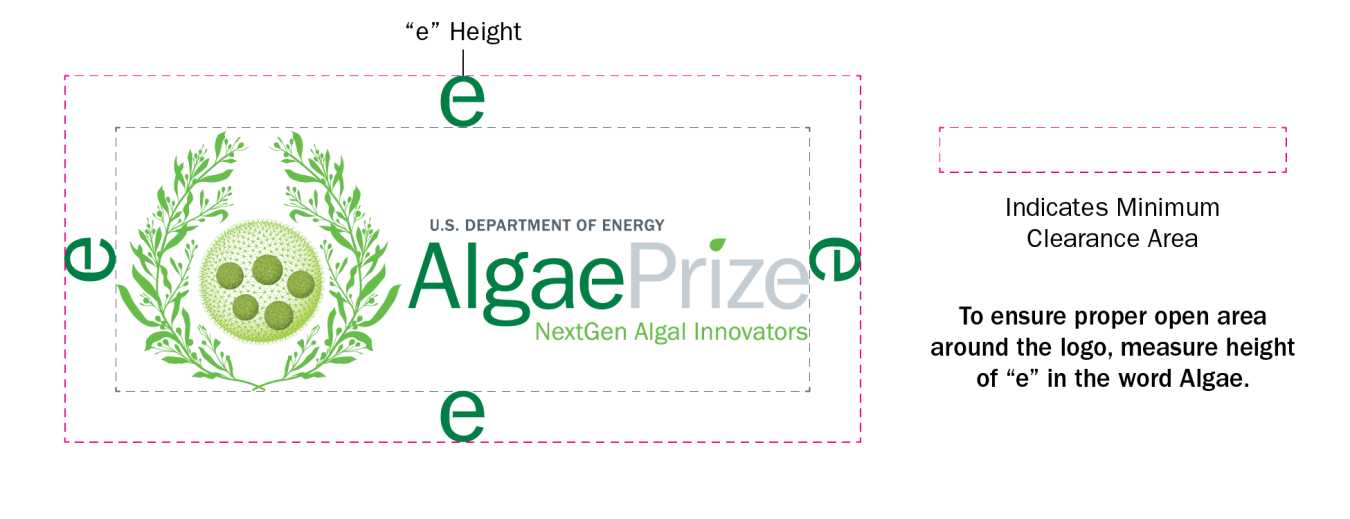 U.S. Department of Energy AlgaePrize logo with NextGen Algal Innovators tagline, showing minimum clearance area around the logo as the height of the e in the word Algae.