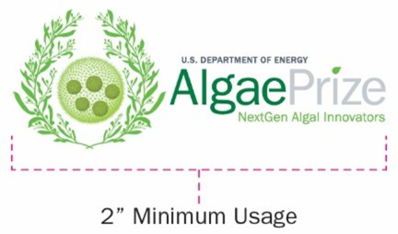 U.S. Department of Energy AlgaePrize logo with NextGen Algal Innovators tagline, showing minimum logo size usage of two inches wide.