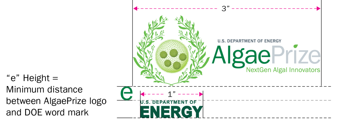 U.S. Department of Energy AlgaePrize logo with NextGen Algal Innovators tagline, showing the minimum distance between the AlgaePrize logo and the U.S. Department of Energy word mark as the height of the e in the word Algae.