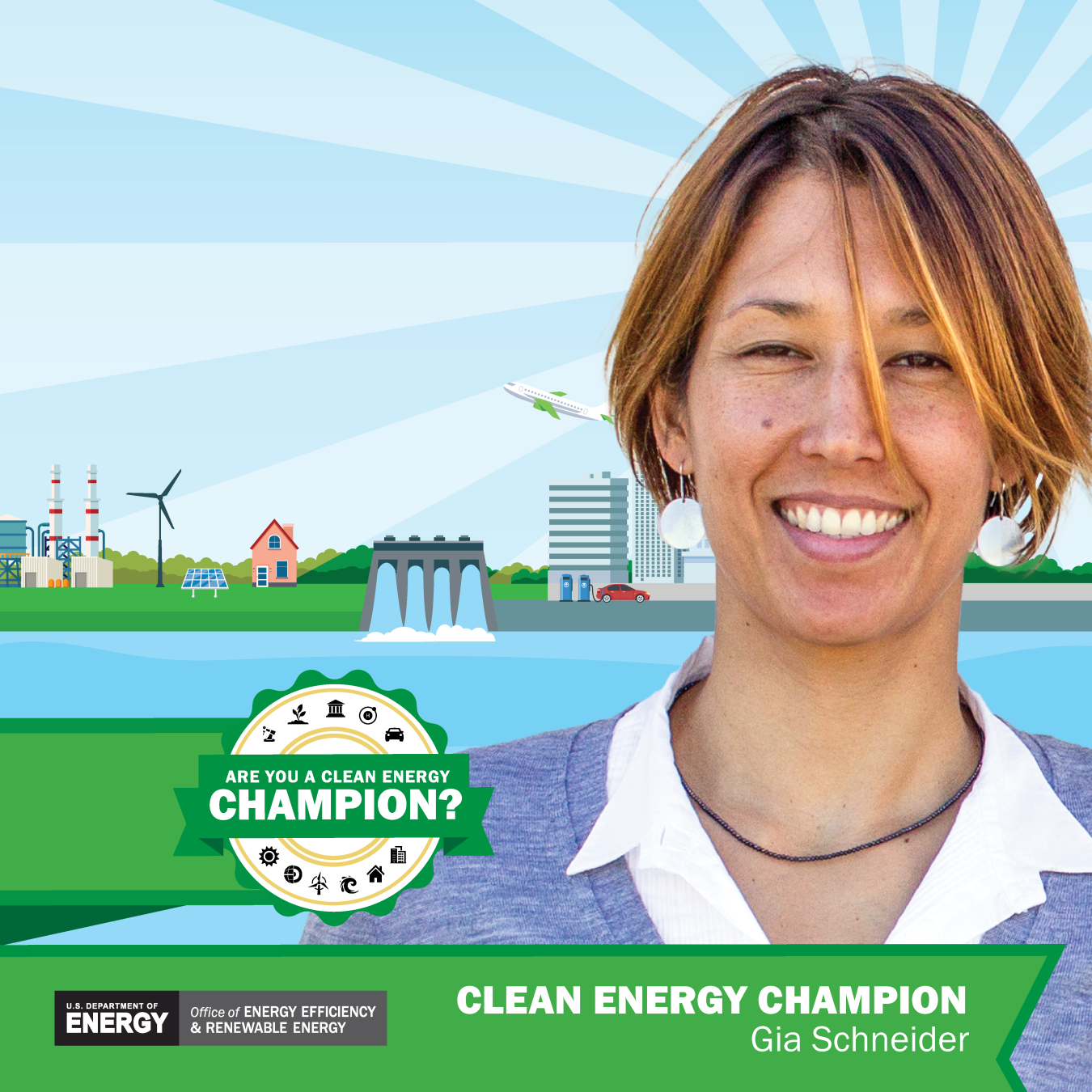 Headshot and branding for Clean Energy Champion Gia Schneider.