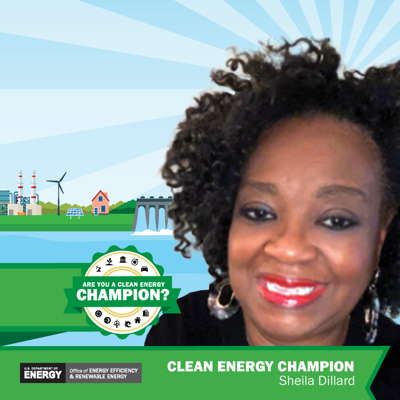 Clean Energy Champion banner featuring Sheila Dillard.
