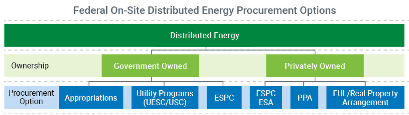 Distributed energy projects can be implemented through government-owned procurement options such as appropriations, utility programs, and energy savings performance contracts; or through privately owned procurement options such as energy savings performance contract energy sales agreements, power purchase agreements, and enhanced use lease or real property arrangements.