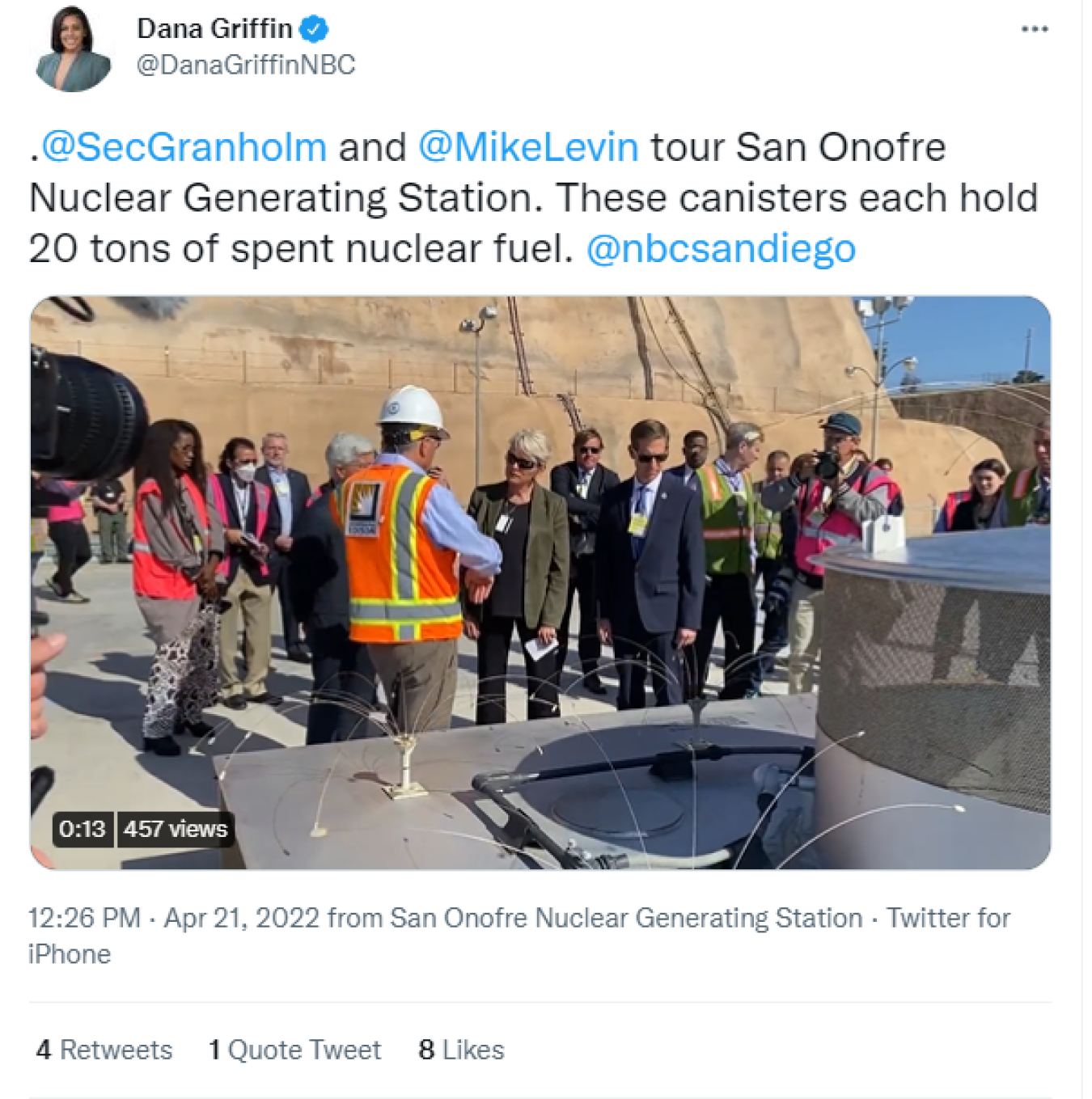 Dana Griffin: .@SecGranholm and @MikeLevinvtour San Onofre Nuclear Generating Station. These canisters each hold 20 tons of spent nuclear fuel. @nbcsandiego