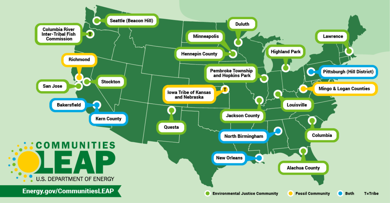 A map of the United States, showing all 22 communities for the Communities LEAP pilot program.