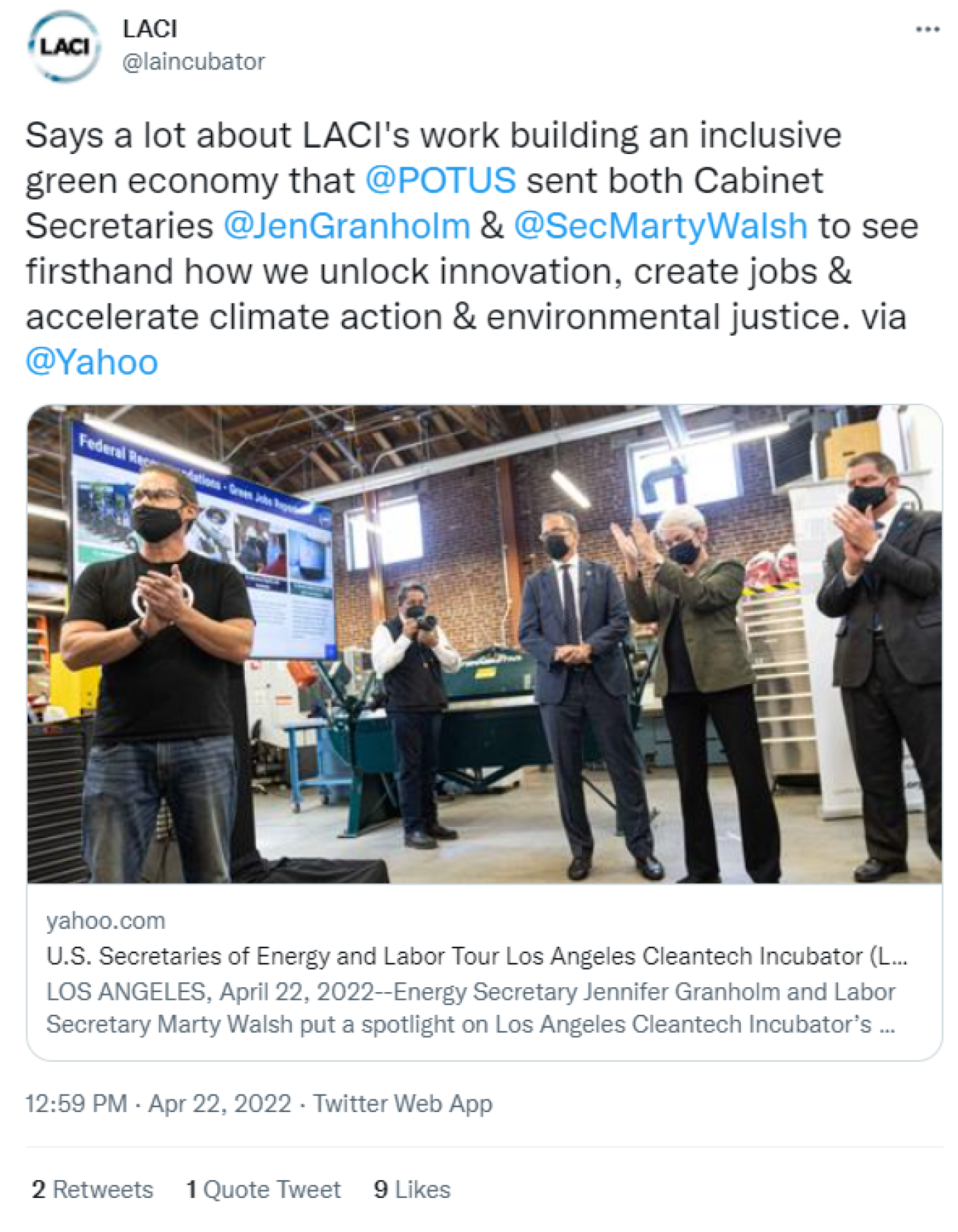 LACI: Says a lot about LACI's work building an inclusive green economy that @POTUS sent both Cabinet Secretaries @JenGranholm & @SecMartyWalsh to see firsthand how we unlock innovation, create jobs & accelerate climate action & environmental justice. via @Yahoo