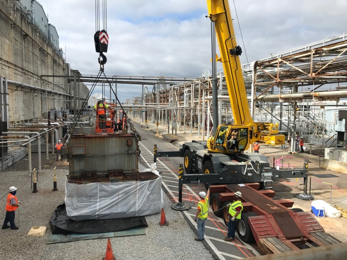 Crews at H Canyon at the Savannah River Site remove an old transformer to make room for new equipment needed for an electrolytic dissolver.