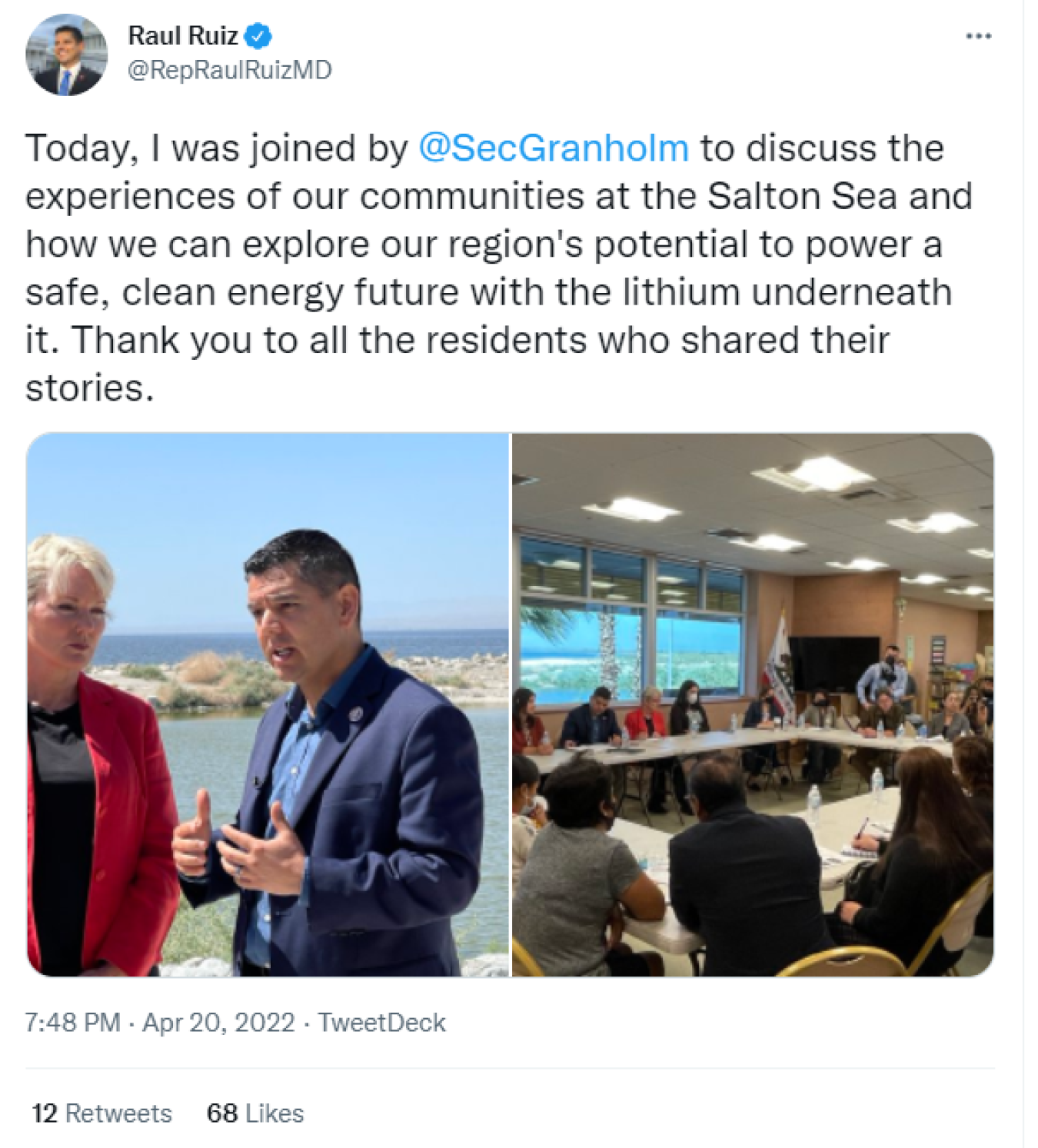 Raul Ruiz: Today, I was joined by @SecGranholm to discuss the experiences of our communities at the Salton Sea and how we can explore our region's potential to power a safe, clean energy future with the lithium underneath it. Thank you to all the residents who shared their stories.