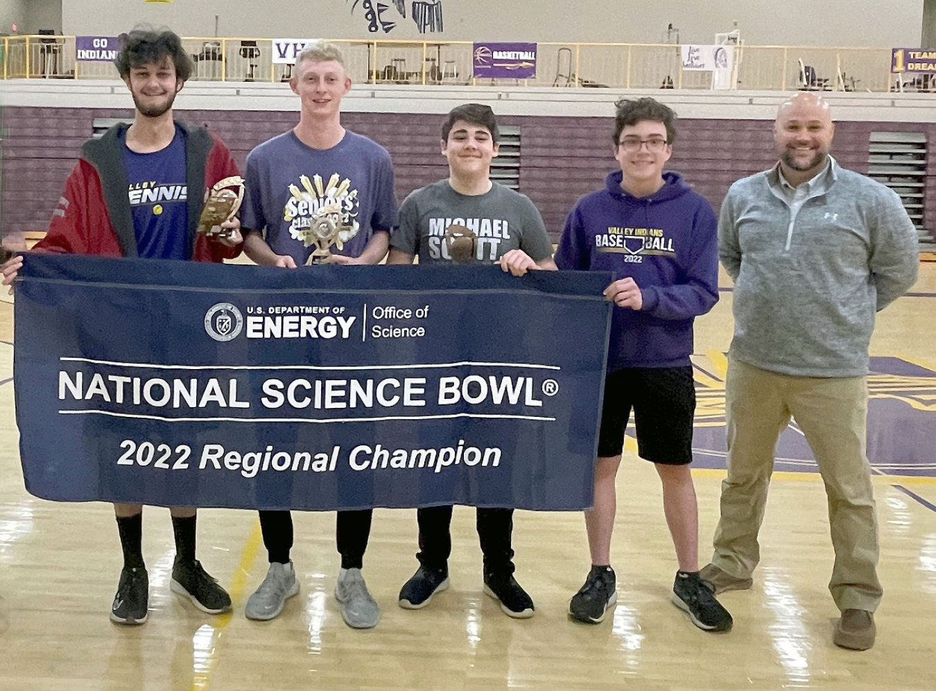 From left, Science Bowl Champions from Valley High School, Micah Bradshaw, Bryce Stuart, Bryce Greene, and Marcus Franke with DOE Acting Portsmouth Site Lead Jeremy Davis.