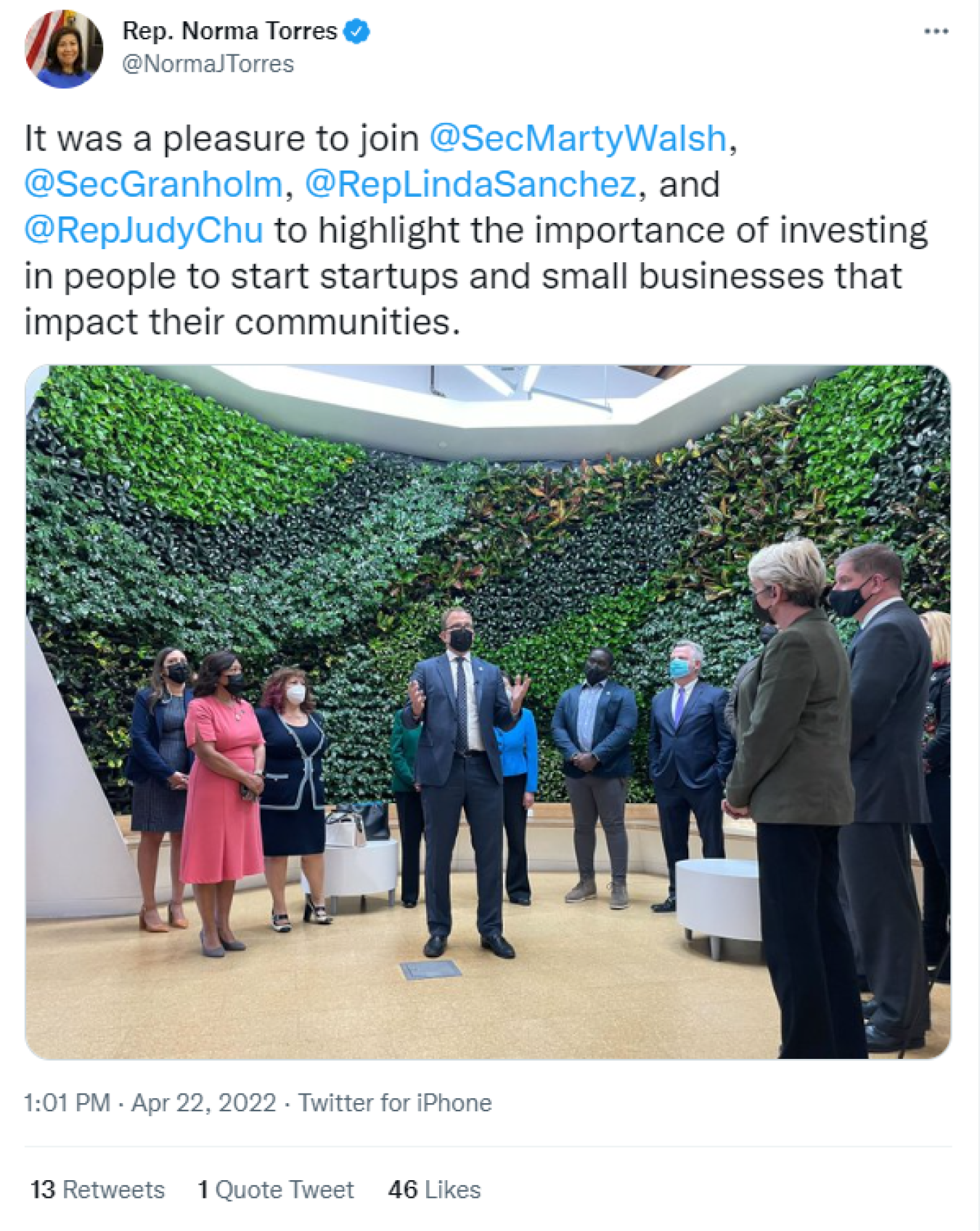 Rep. Norma Torres: It was a pleasure to join @SecMartyWalsh, @SecGranholm, @RepLindaSanchez, and @RepJudyChu to highlight the importance of investing in people to start startups and small businesses that impact their communities.