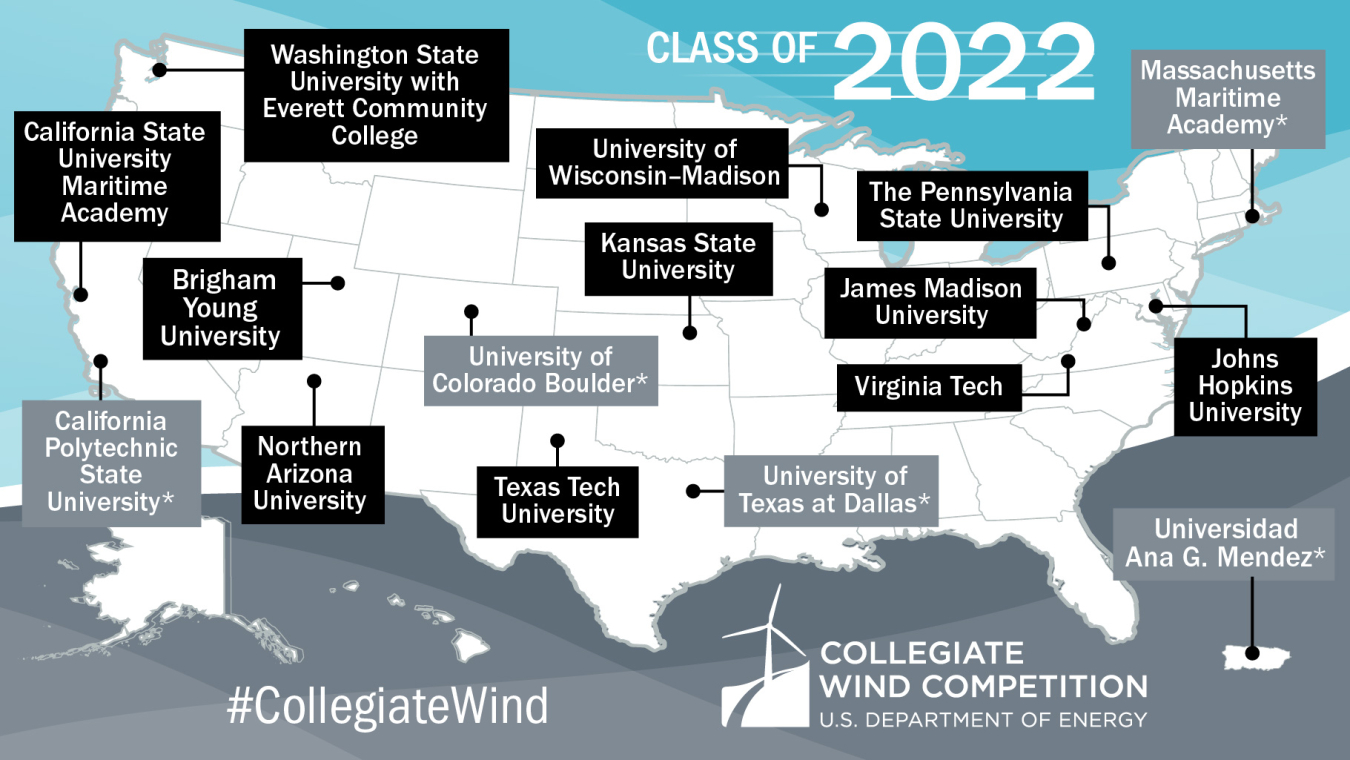 A map of the United States of America and Puerto Rico, titled Class of 2022. Different locations on the maps are marked with the names of the schools competing in the 2022 Collegiate Wind Competition