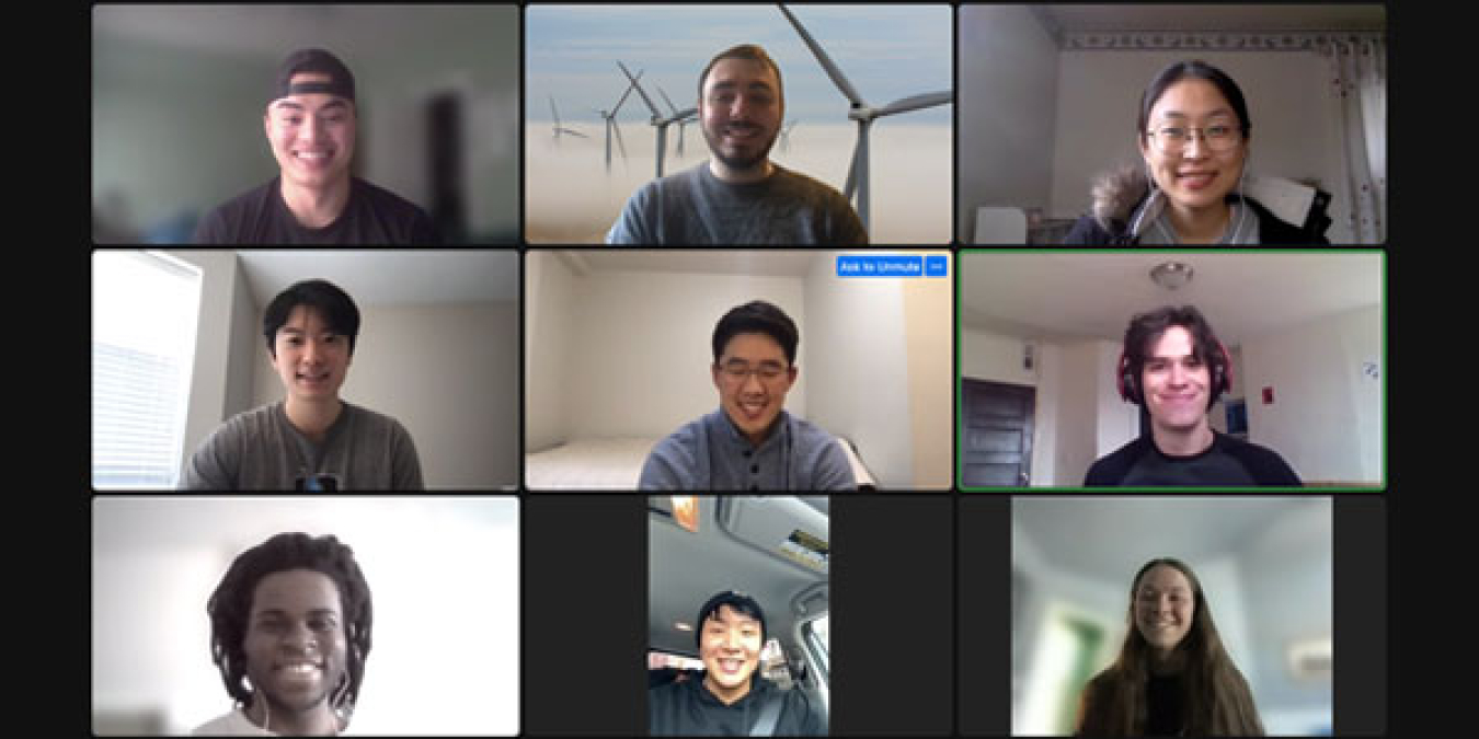A screenshot of a grid of nine students on a video call.