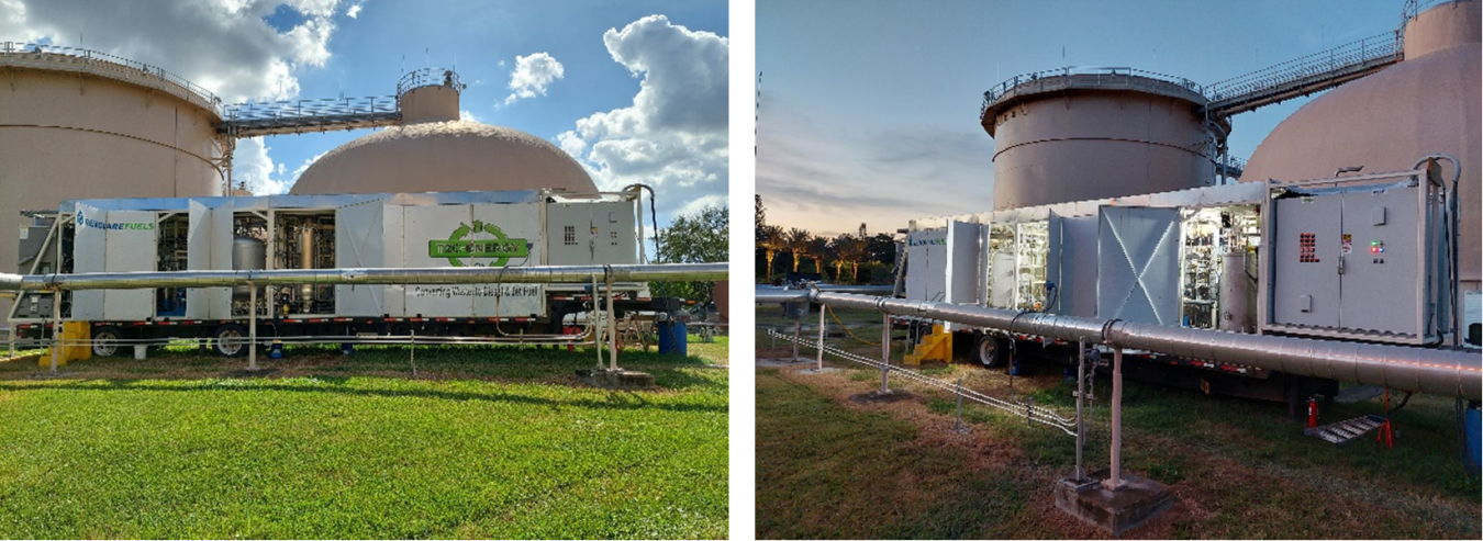 Two photos of a pilot-scale biogas digester unit. This machinery converts biogas from wastewater and fats, oils, and greases into renewable diesel fuel.