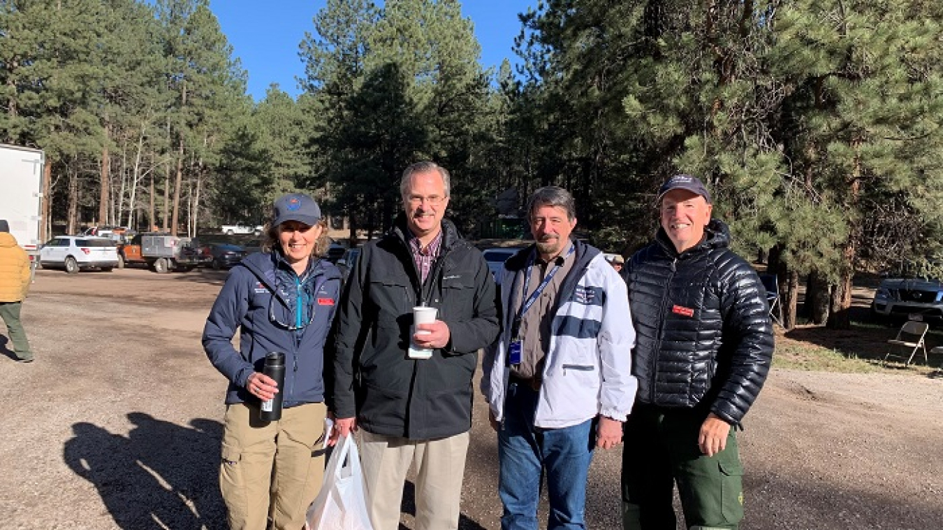 Public information officers for the Great Basin Incident Management Team, at the Great Basin Team 1 base camp in Jemez Springs, New Mexico.