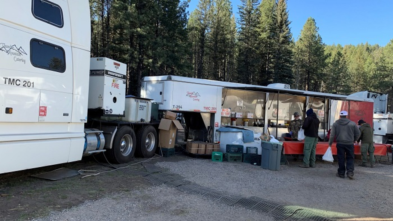 Full service catering at base camp provides Great Basin Team 1 with meals and snacks. Catering staff provides “grab-and-go” options to adhere to COVID-19 pandemic guidelines.