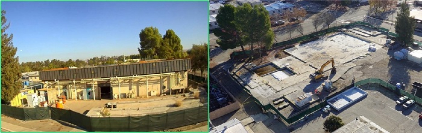 Before and after views of the demolition of Building 175 at Lawrence Livermore National Laboratory.