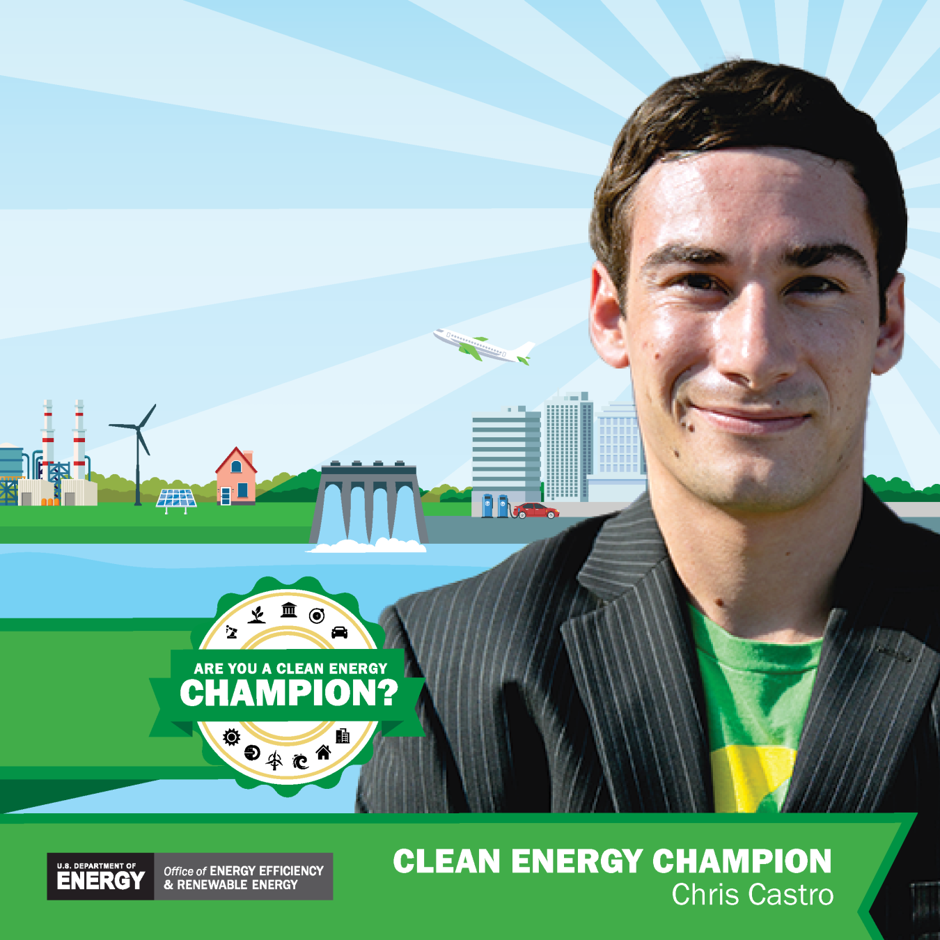 Clean Energy Champion banner featuring Chris Castro.