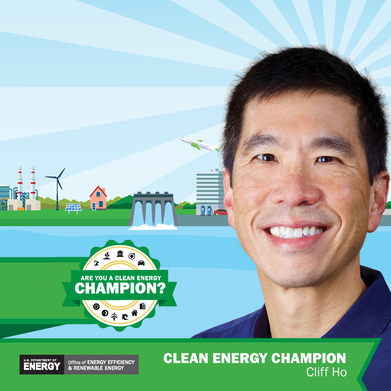 Clean Energy Champion banner featuring Cliff Ho.