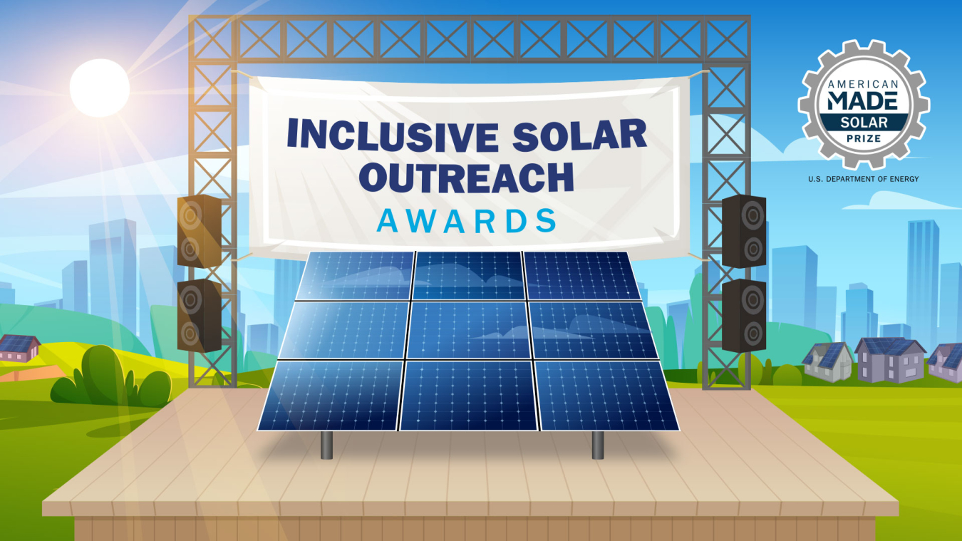 Photovoltaic solar panels are on stage under a shining sun and banner that reads "Inclusive Solar Outreach Awards"