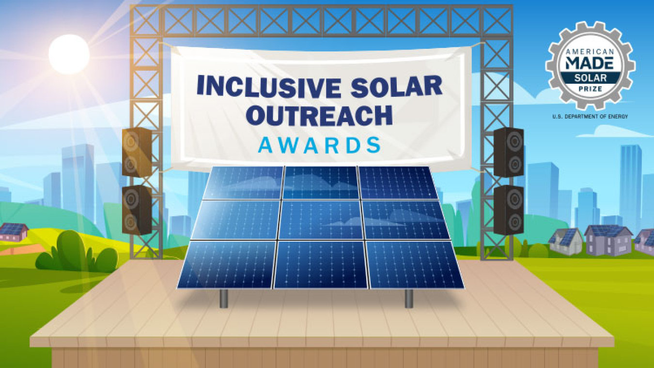 Photovoltaic solar panels on stage under the sun and a banner that reads "Inclusive Solar Outreach Awards"