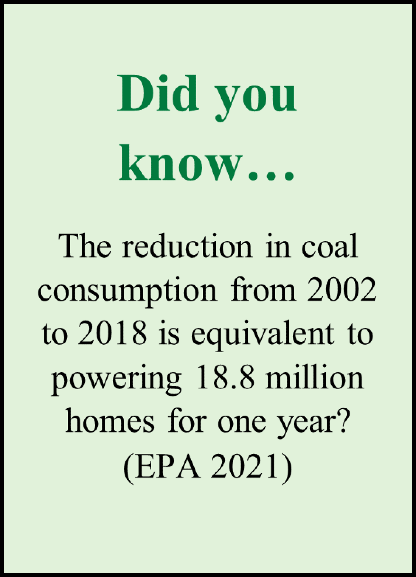 Did you know the reduction in coal consumption from 2002 to 2018 is equivalent to powering 18.8 million homes for one year? (EPA 2021)