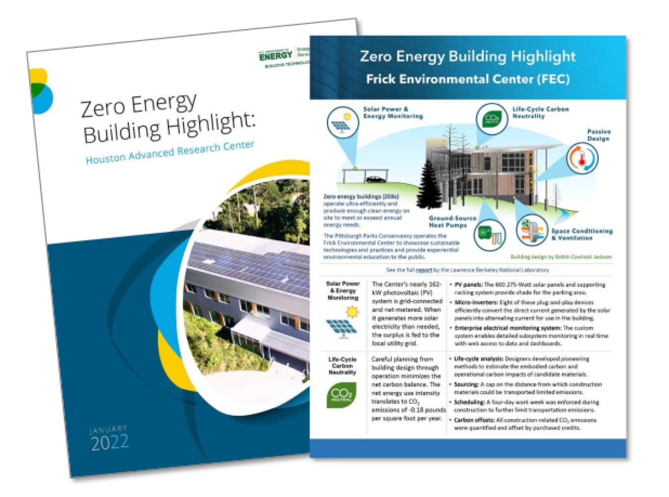 Cover of the Houston/Houston Advanced Research Center report, and the Pittsburgh/Frick Environmental Center summary.