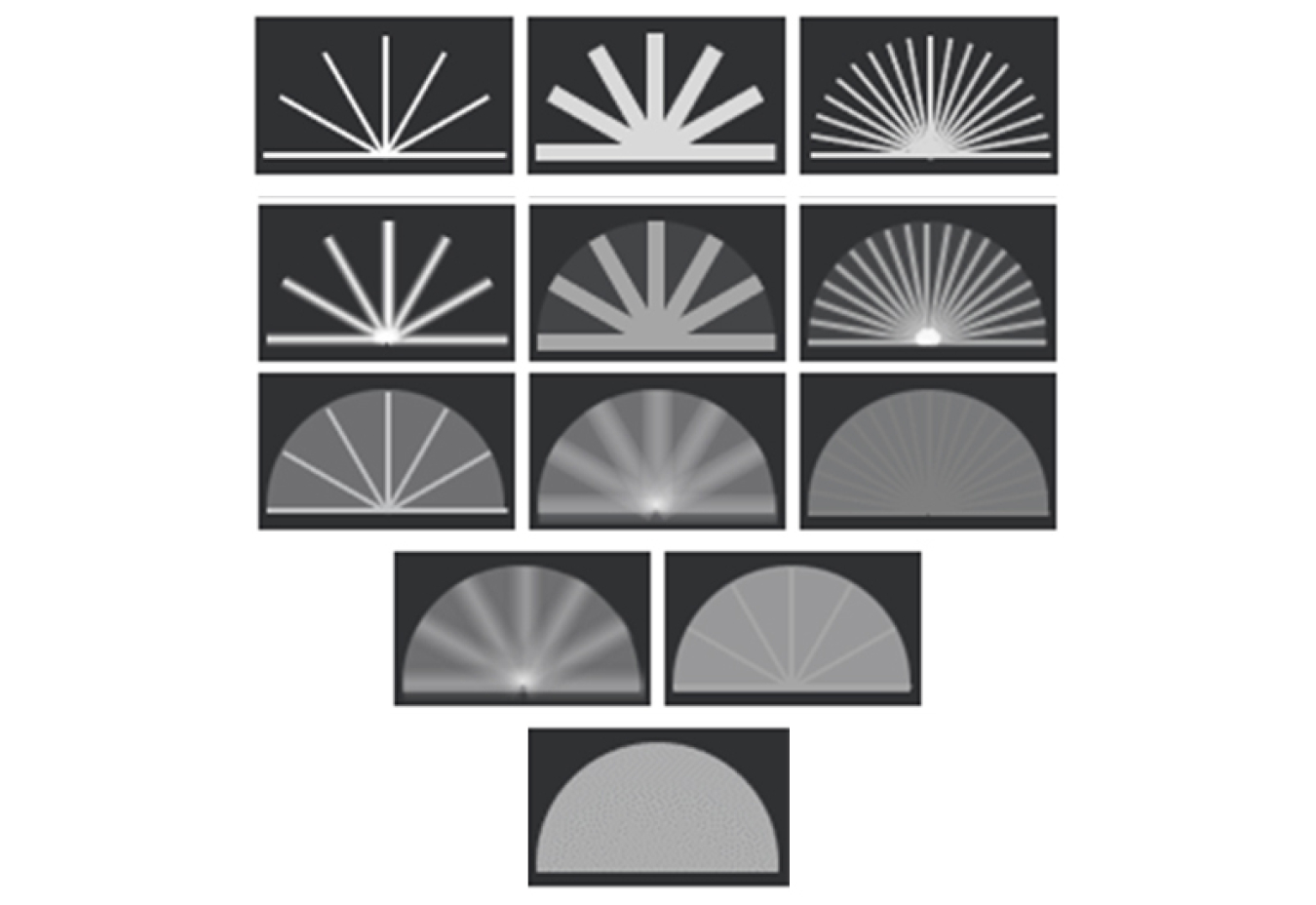 Five rows of various patterns of a waving wand. The top row shows sharp lines, the middle three rows show blurred lines, and the bottom row shows no lines.