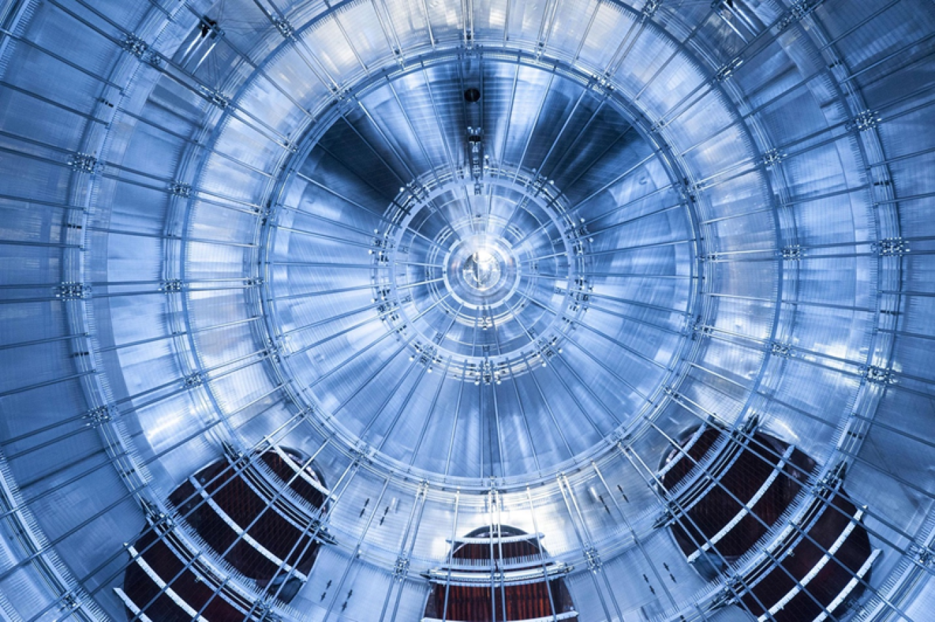 The interior of the main spectrometer of the KArlsruhe TRItium Neutrino (KATRIN) experiment. Beta-decay electrons with sufficient energy fly through this 10-meter diameter, 23-meter-long vacuum vessel and are detected by a system built by U.S. scientists.