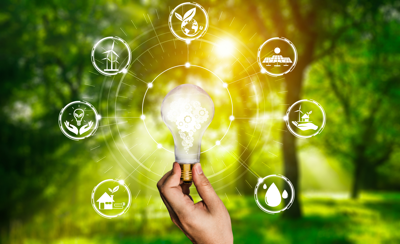 Image of a hand holding a lightbulb surrounded by clean energy icons