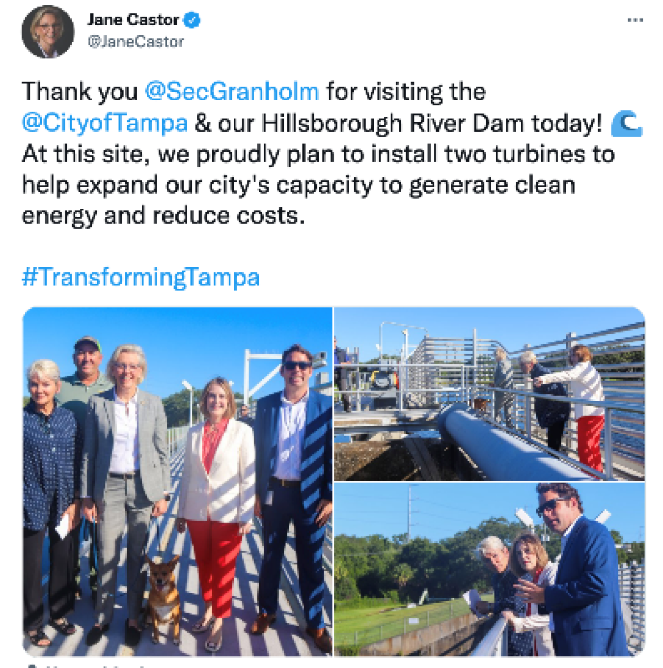 Mayor Castor: Thank you @SecGranholm for visiting the @CityofTampa & our Hillsborough River Dam today! ? At this site, we proudly plan to install two turbines to help expand our city's capacity to generate clean energy and reduce costs. #TransformingTampa