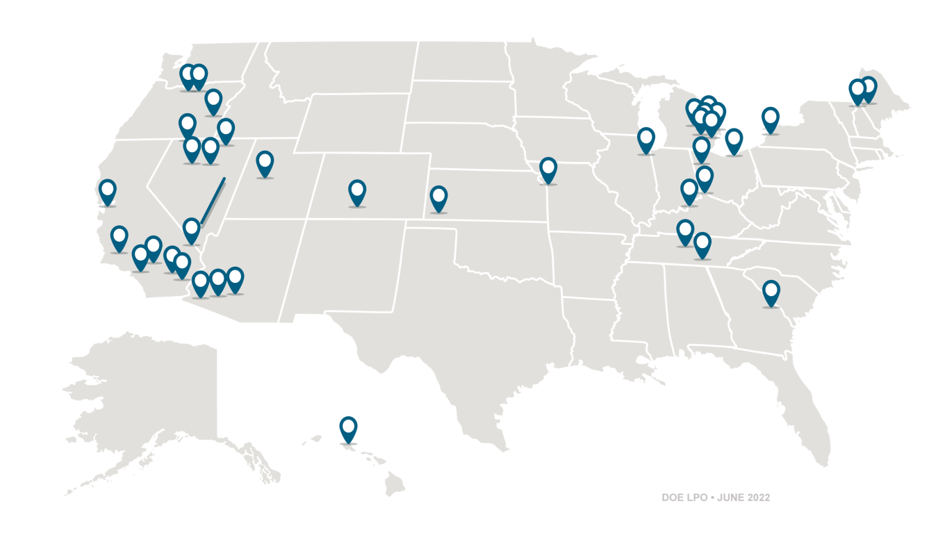 US map with pins located at LPO porfolio projects