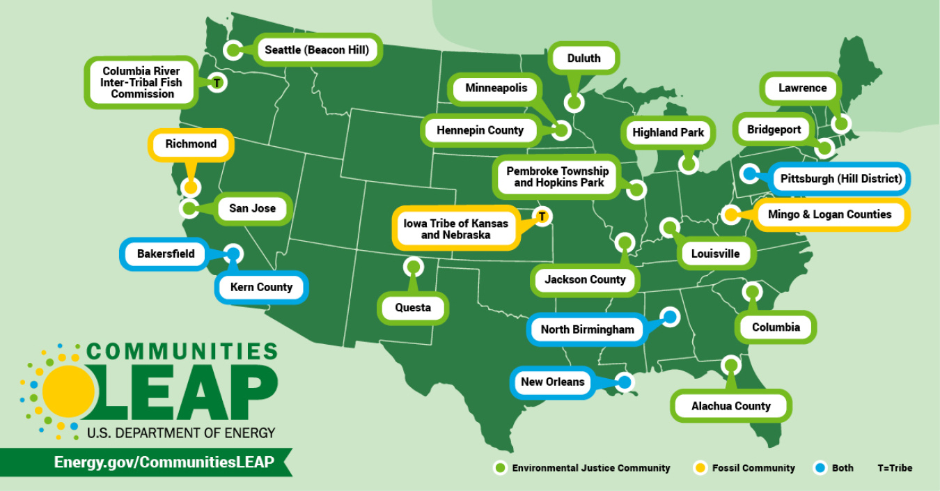 A map of the United States, showing all 24 communities for the Communities LEAP pilot program.