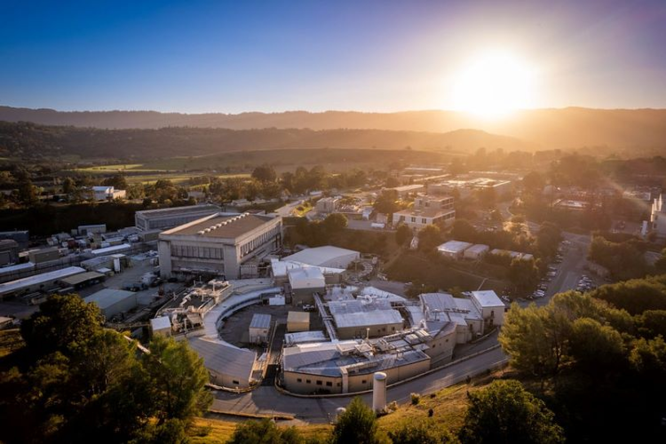 Aerial view of SLAC National Laboratory at sunset