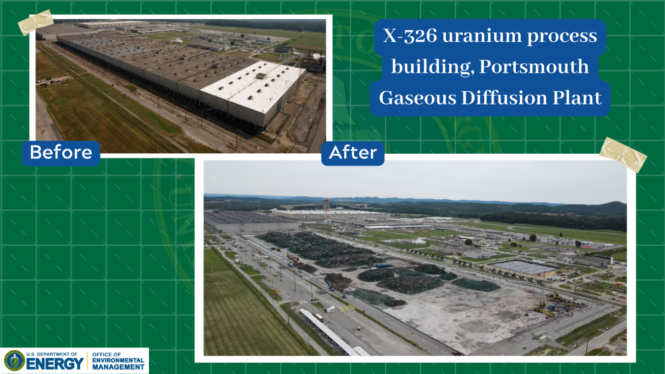 Before & After views of X-326 uranium process building, Portsmouth Gaseous Diffusion Plant